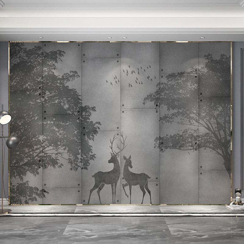 Traditional Deer and Forest Mural in Grey Non-Woven Fabric Wall Covering for Home Decor, Custom-Made Grey Clearhalo 'Wall Decor' 'Wall Mural' 969565