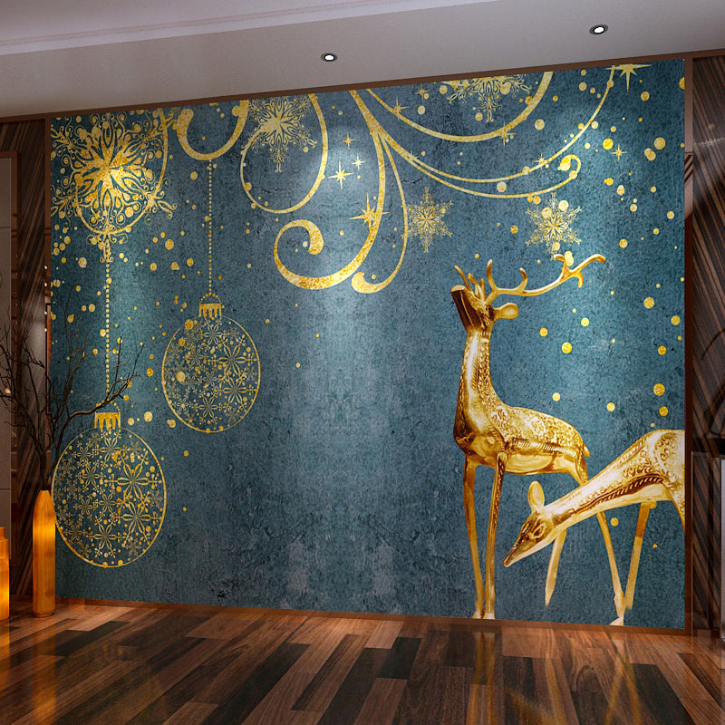 Scandinavian Deer Wall Art in Blue and Gold Accent Wall Mural Wallpaper, Made to Measure Clearhalo 'Wall Decor' 'Wall Mural' 969571