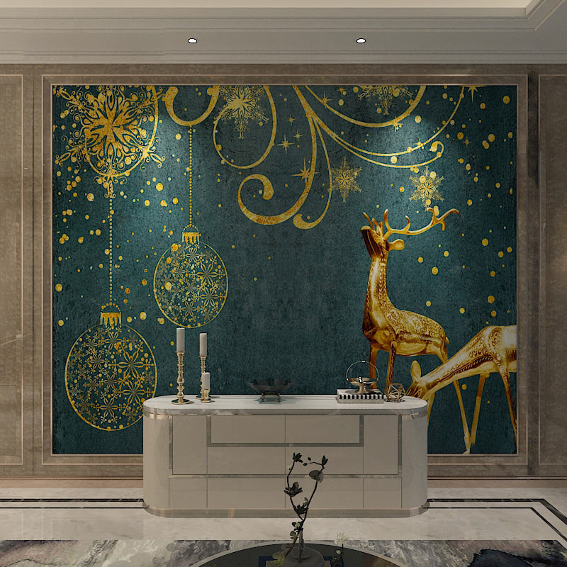 Scandinavian Deer Wall Art in Blue and Gold Accent Wall Mural Wallpaper, Made to Measure Clearhalo 'Wall Decor' 'Wall Mural' 969572