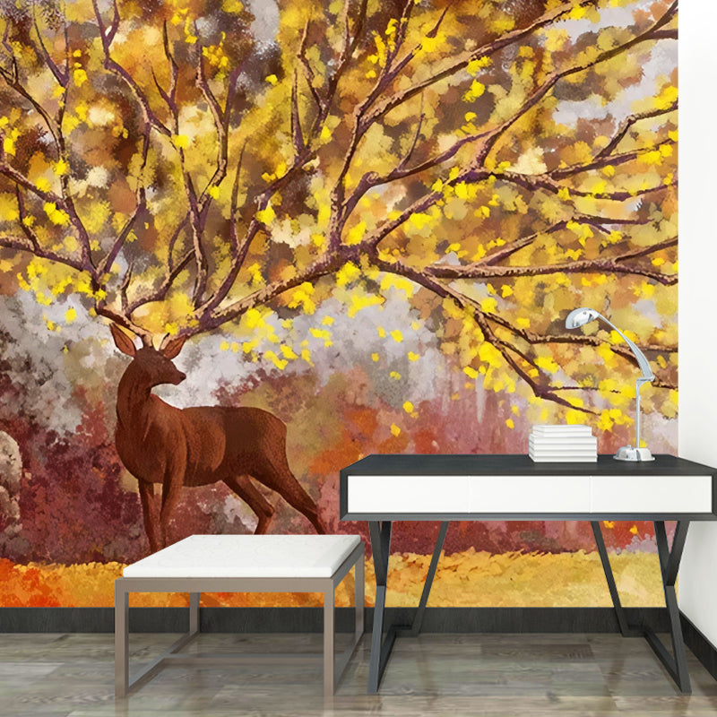 Illustration Deer and Tree Mural Full Size Wall Decor for Gallery, Custom-Printed Clearhalo 'Wall Decor' 'Wall Mural' 969582