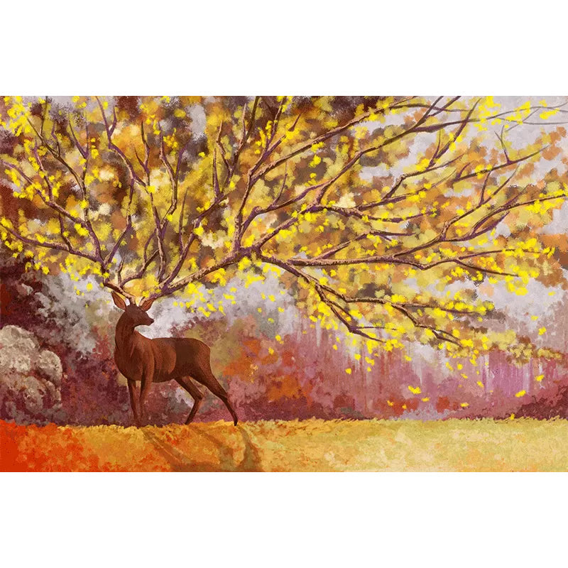 Illustration Deer and Tree Mural Full Size Wall Decor for Gallery, Custom-Printed Clearhalo 'Wall Decor' 'Wall Mural' 969583