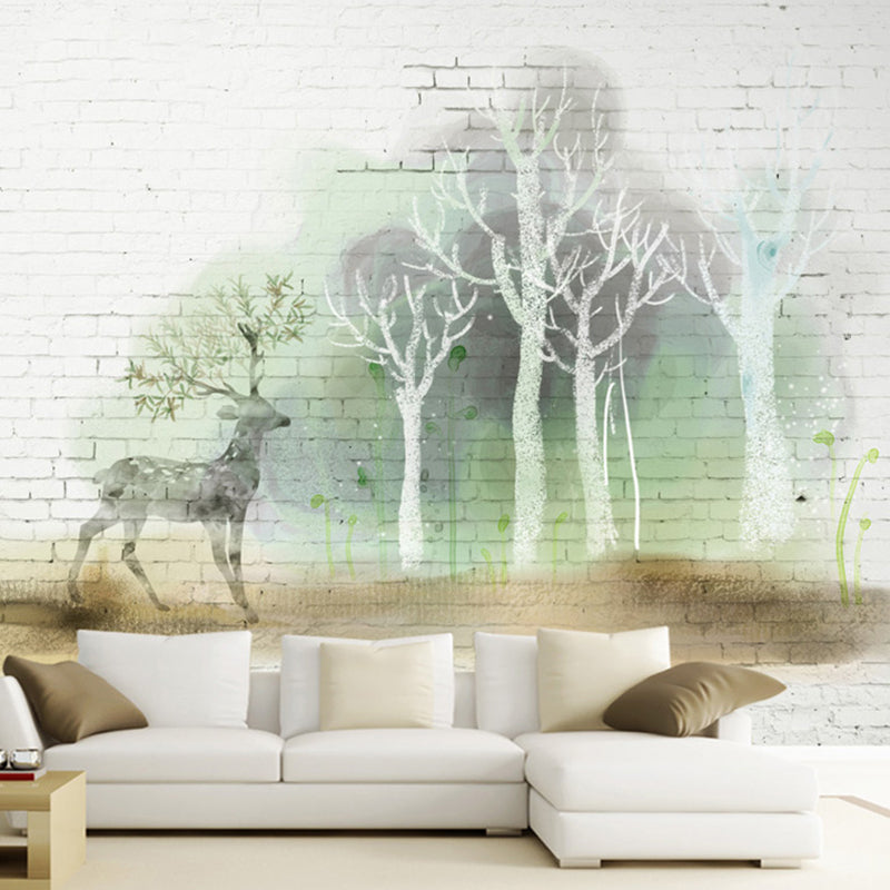 Minimalist Deer and Forest Mural for Coffee Shop, Extra Large Wall Decor in White and Green White-Green Clearhalo 'Wall Decor' 'Wall Mural' 969585