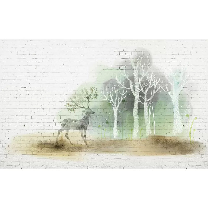 Minimalist Deer and Forest Mural for Coffee Shop, Extra Large Wall Decor in White and Green Clearhalo 'Wall Decor' 'Wall Mural' 969588