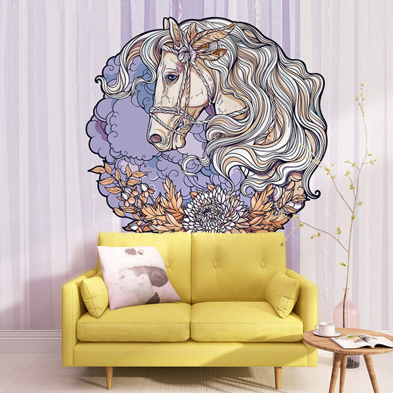 Horse Wall Mural in Soft Purple, Scandinavian Wall Covering for Home Decoration Purple Clearhalo 'Wall Decor' 'Wall Mural' 969590