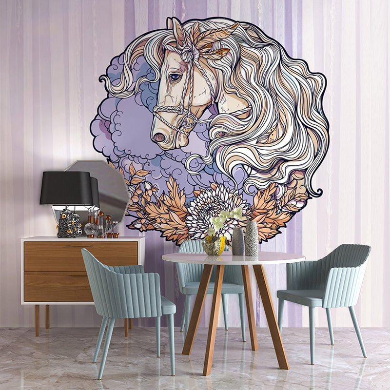 Horse Wall Mural in Soft Purple, Scandinavian Wall Covering for Home Decoration Clearhalo 'Wall Decor' 'Wall Mural' 969591