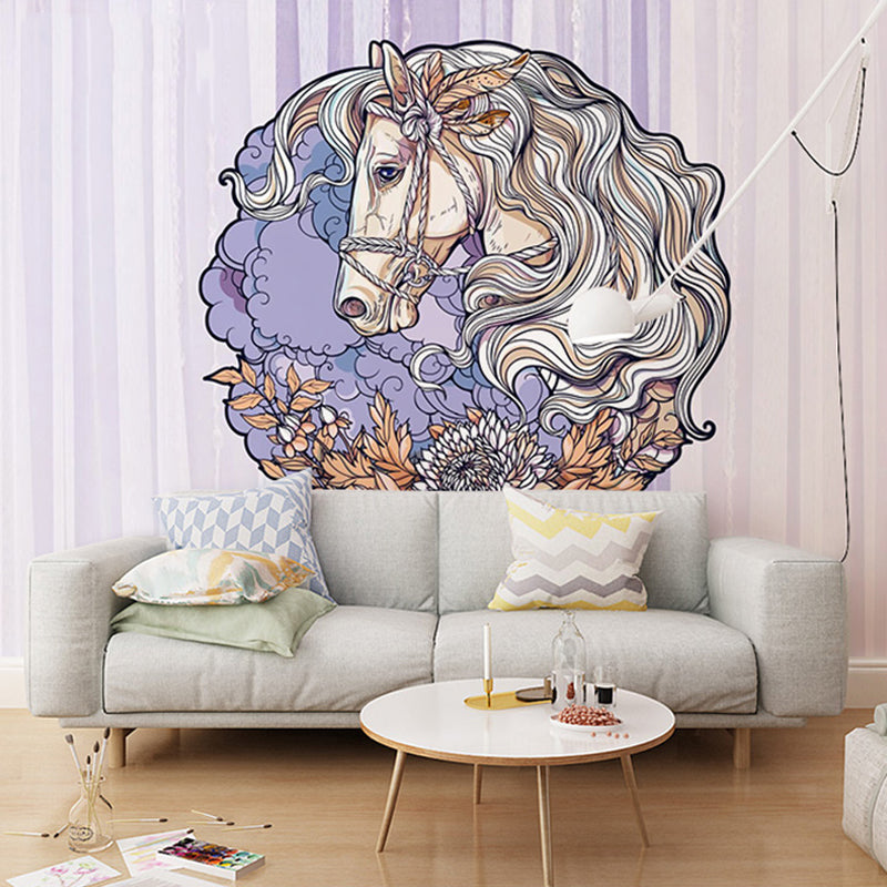 Horse Wall Mural in Soft Purple, Scandinavian Wall Covering for Home Decoration Clearhalo 'Wall Decor' 'Wall Mural' 969592