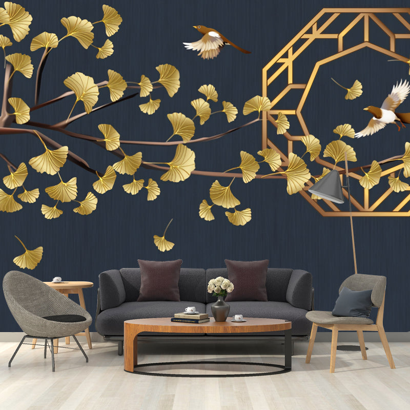 Illustration Ginkgo and Bird Mural Wallpaper for Restaurant Decoration, Dark Blue Dark Blue Clearhalo 'Wall Decor' 'Wall Mural' 969600