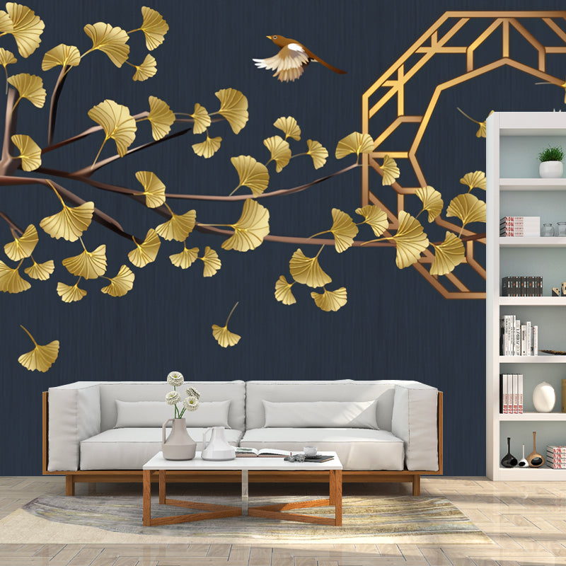 Illustration Ginkgo and Bird Mural Wallpaper for Restaurant Decoration, Dark Blue Clearhalo 'Wall Decor' 'Wall Mural' 969601