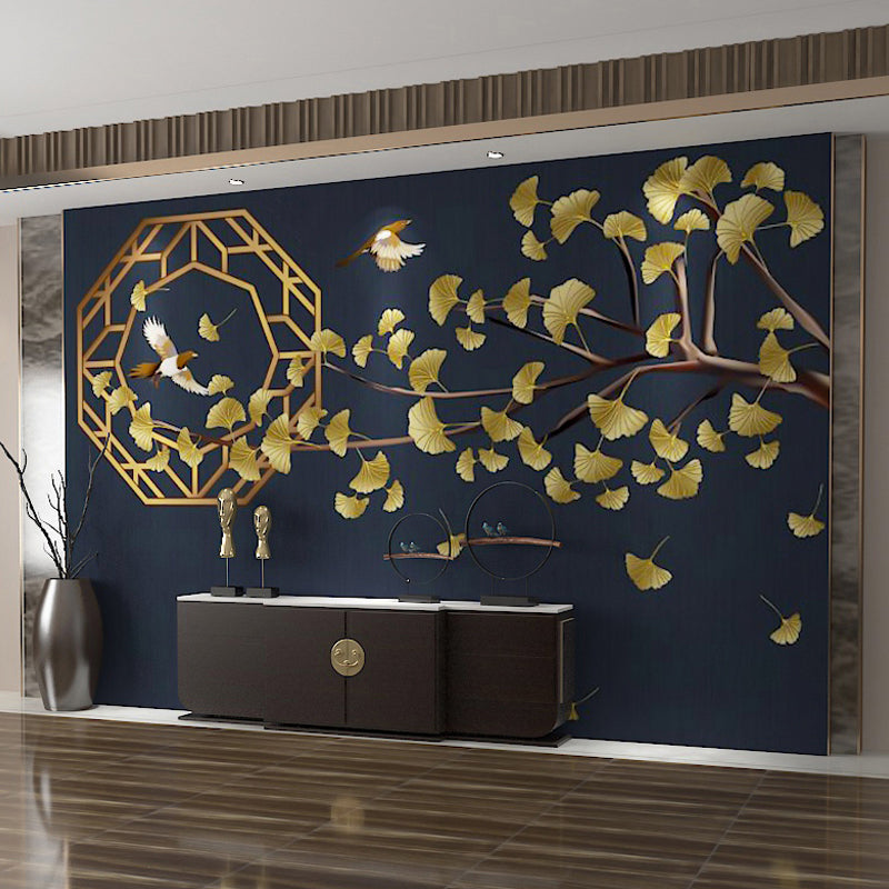 Illustration Ginkgo and Bird Mural Wallpaper for Restaurant Decoration, Dark Blue Clearhalo 'Wall Decor' 'Wall Mural' 969602