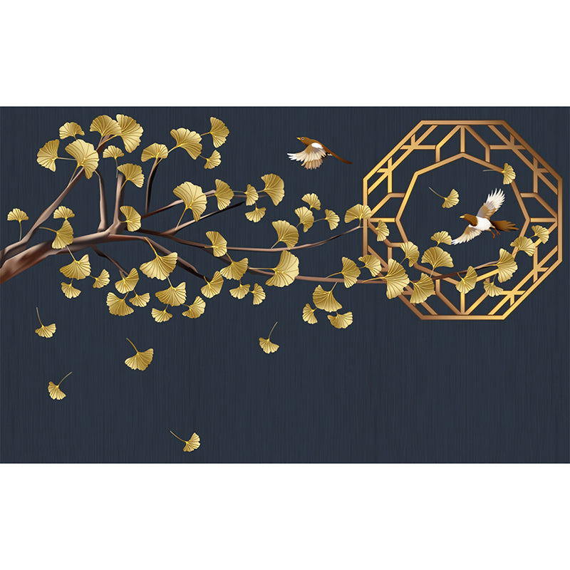 Illustration Ginkgo and Bird Mural Wallpaper for Restaurant Decoration, Dark Blue Clearhalo 'Wall Decor' 'Wall Mural' 969603