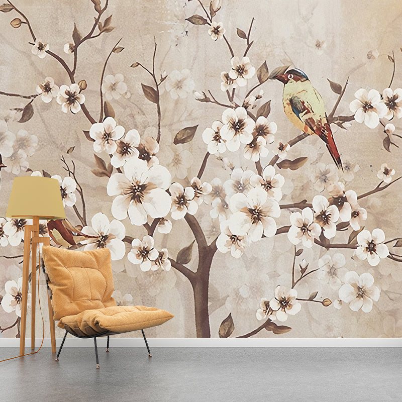 Decorative Plum Blossom Wall Covering Personalized Countryside Wall Mural for Bedroom Light Coffee Clearhalo 'Wall Decor' 'Wall Mural' 969610