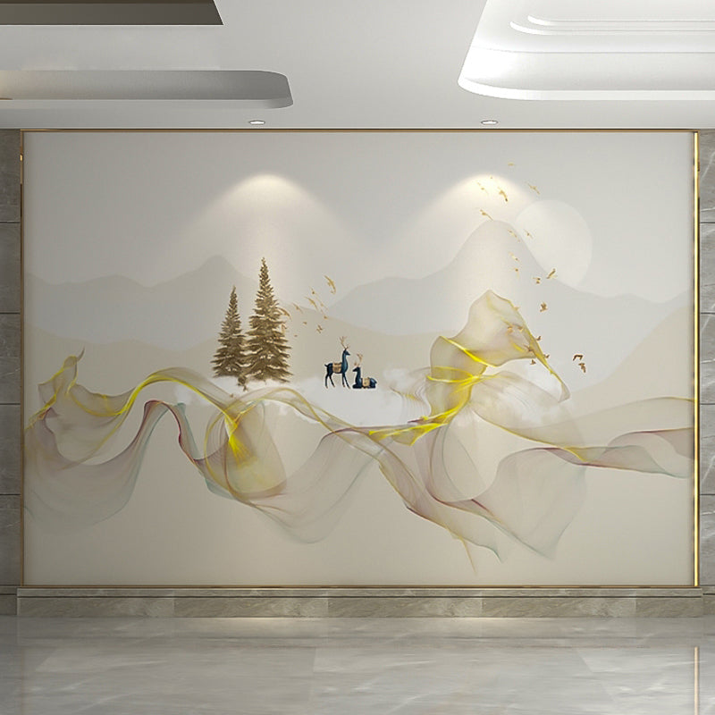 Whole Illustration Traditional Mural Wallpaper for Living Room with Deer and Coffee Design in Grey and Yellow Gray-Coffee Clearhalo 'Wall Decor' 'Wall Mural' 969690