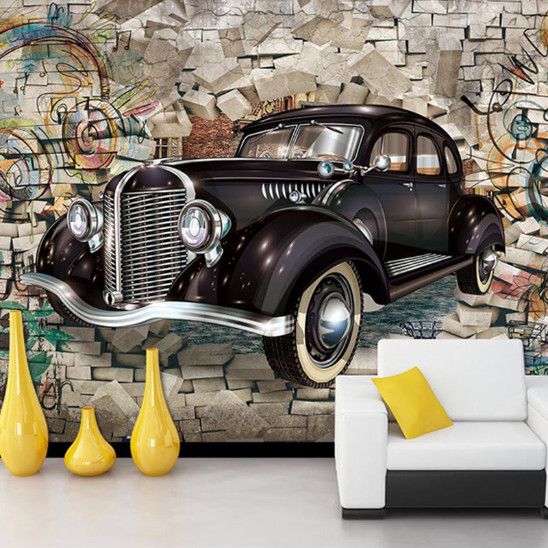 Waterproofing Car and Brick Mural Personalized Size Wall Covering for Coffee Shop Black-Brown Clearhalo 'Wall Decor' 'Wall Mural' 969909