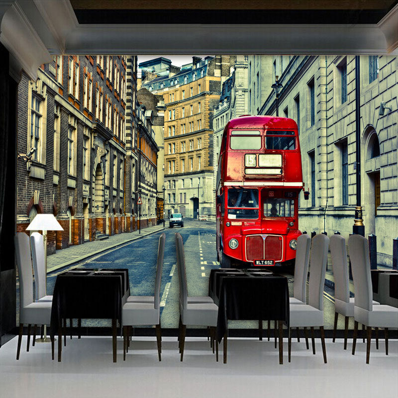 Decorative British Street Wall Covering Non-Woven Fabric Traditional Wall Mural for Coffee Shop Green-Red Clearhalo 'Wall Decor' 'Wall Mural' 969963