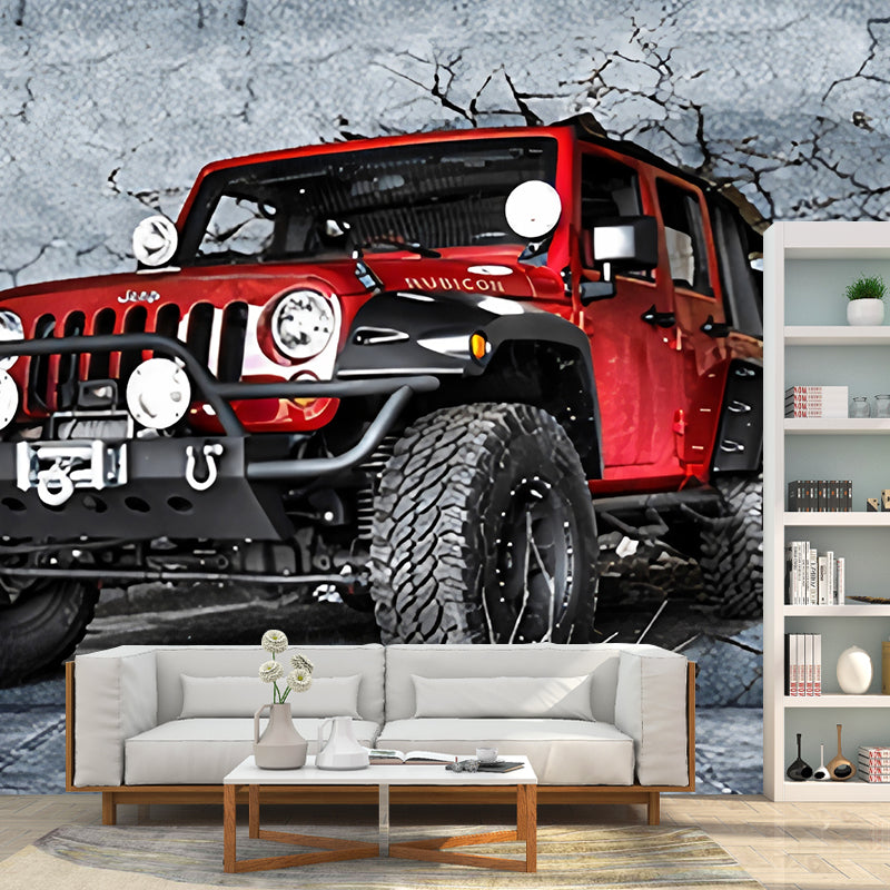 Whole Jeep Wall Art for Coffee Shop Cement Wall Mural in Grey and Red, Stain-Resistant Gray-Red Clearhalo 'Wall Decor' 'Wall Mural' 970018