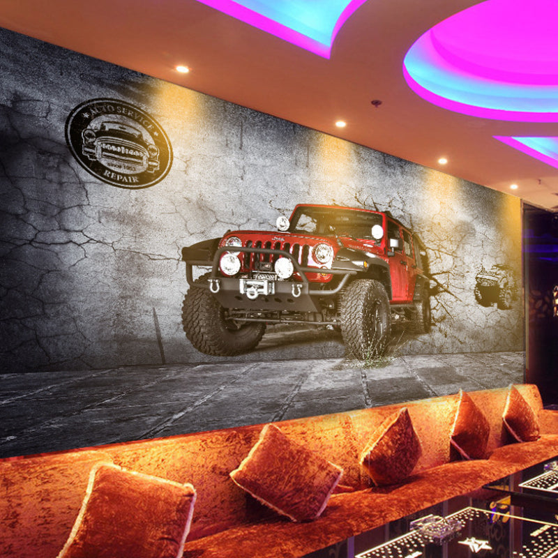 Whole Jeep Wall Art for Coffee Shop Cement Wall Mural in Grey and Red, Stain-Resistant Clearhalo 'Wall Decor' 'Wall Mural' 970019