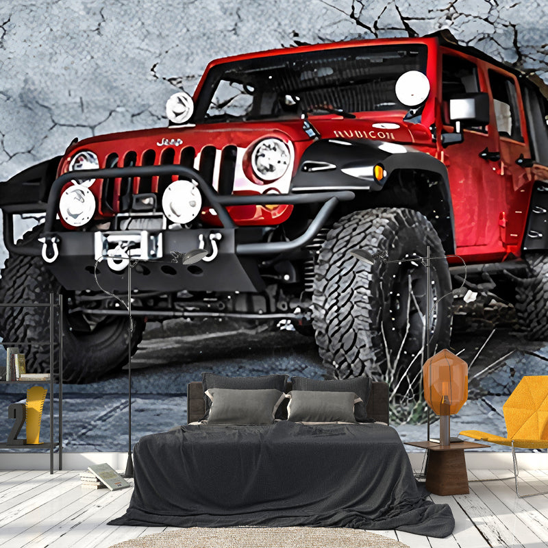 Whole Jeep Wall Art for Coffee Shop Cement Wall Mural in Grey and Red, Stain-Resistant Clearhalo 'Wall Decor' 'Wall Mural' 970020
