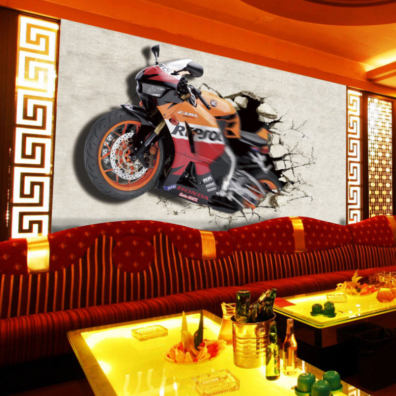 Big Photo Vintage Mural Wallpaper for Accent Wall with Motorcycle in Orange and Red Clearhalo 'Wall Decor' 'Wall Mural' 970024