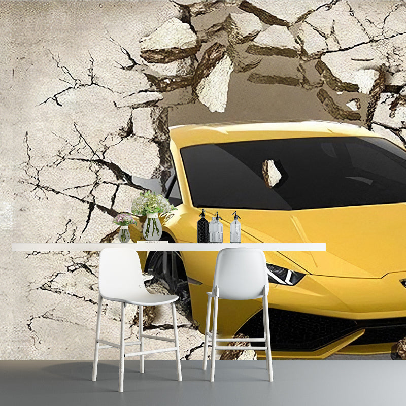 Full Size Illustration Car Mural for Living Room, Yellow and Beige, Custom-Printed Yellow Clearhalo 'Wall Decor' 'Wall Mural' 970028