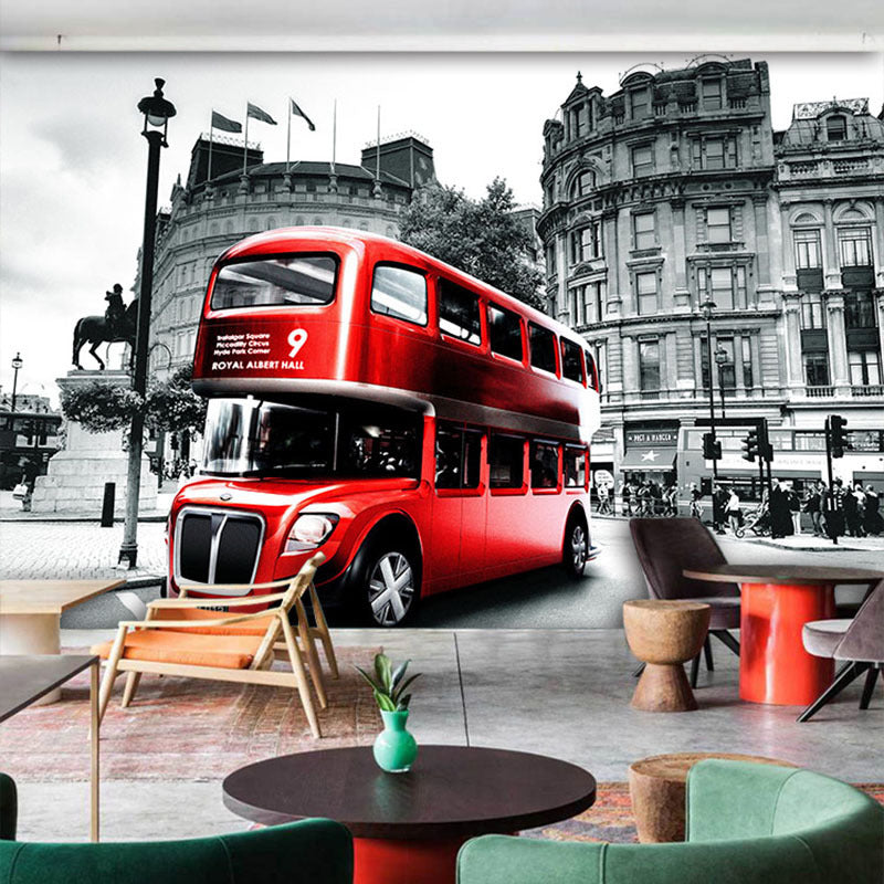 Extra Large Vintage Mural Wallpaper Grey and Red England Bus Wall Covering, Custom Size Available Gray-Red Clearhalo 'Wall Decor' 'Wall Mural' 970033