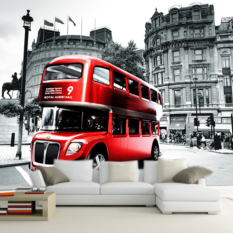 Extra Large Vintage Mural Wallpaper Grey and Red England Bus Wall Covering, Custom Size Available Clearhalo 'Wall Decor' 'Wall Mural' 970034