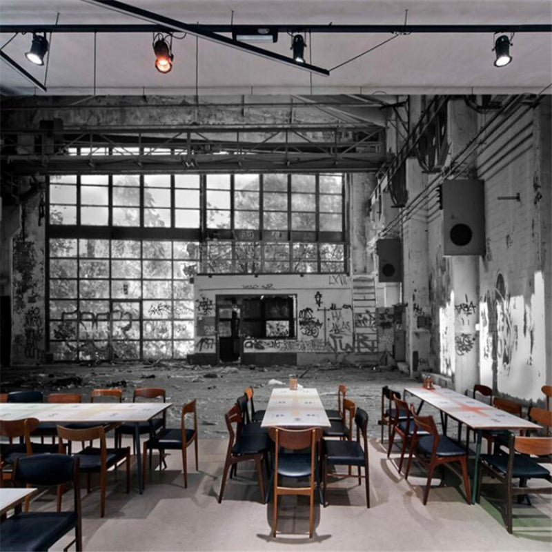 Industrial Warehouse Mural Wallpaper for Bar Decoration, Extra Large Wall Decor in Grey Black-White Clearhalo 'Wall Decor' 'Wall Mural' 970043