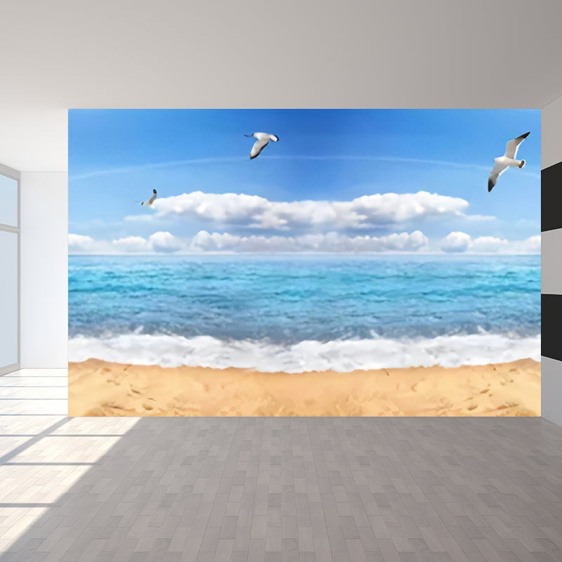 Fresh Seashore and Seagull Mural for Living Room, Personalizes Size Wall Covering in Soft Blue Blue Clearhalo 'Wall Decor' 'Wall Mural' 970048