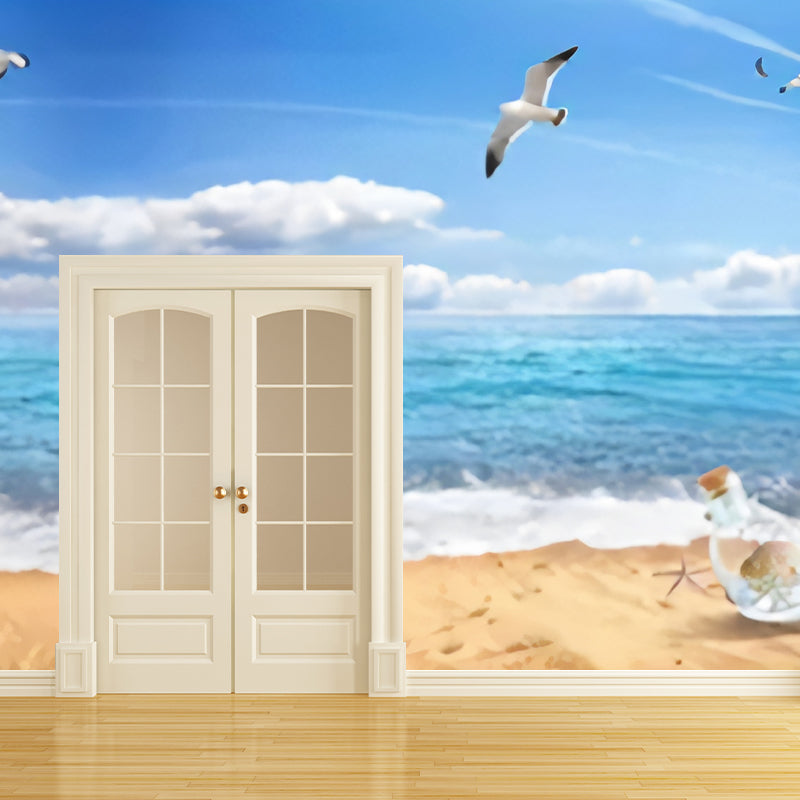 Fresh Seashore and Seagull Mural for Living Room, Personalizes Size Wall Covering in Soft Blue Clearhalo 'Wall Decor' 'Wall Mural' 970049