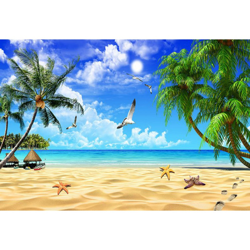 Full Seashore and Tree Mural for Bedroom Seagull Wall Art in Blue for Home Decoration Clearhalo 'Wall Decor' 'Wall Mural' 970055