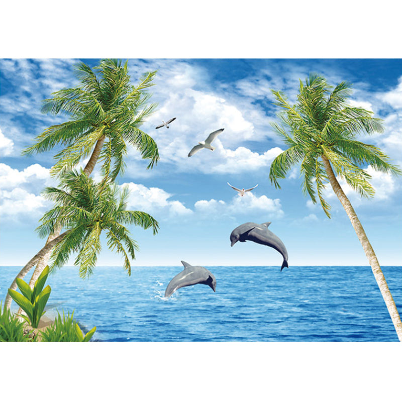 Big Photo Simple Mural Wallpaper for Living Room with Seagull and Coconut Tree in Blue and Green Clearhalo 'Wall Decor' 'Wall Mural' 970060