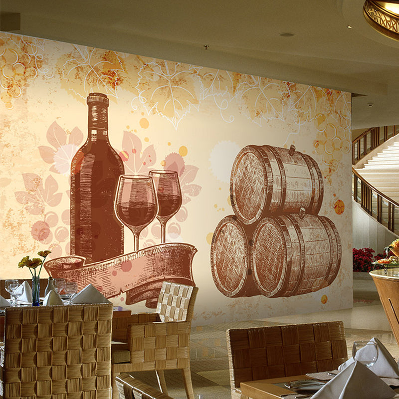 Wine and Dishes Wall Mural in Yellow, Retro Wall Art for Restaurant Clearhalo 'Wall Decor' 'Wall Mural' 970084