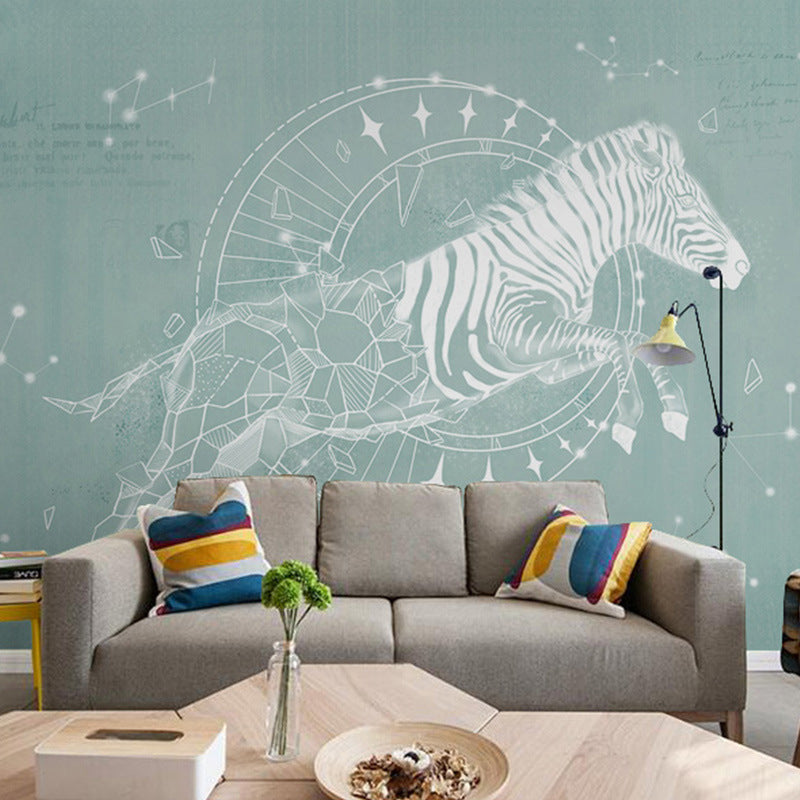 Horse Mural Wallpaper in Green and White, Minimalist Wall Covering for Accent Wall Blue Clearhalo 'Wall Decor' 'Wall Mural' 970107