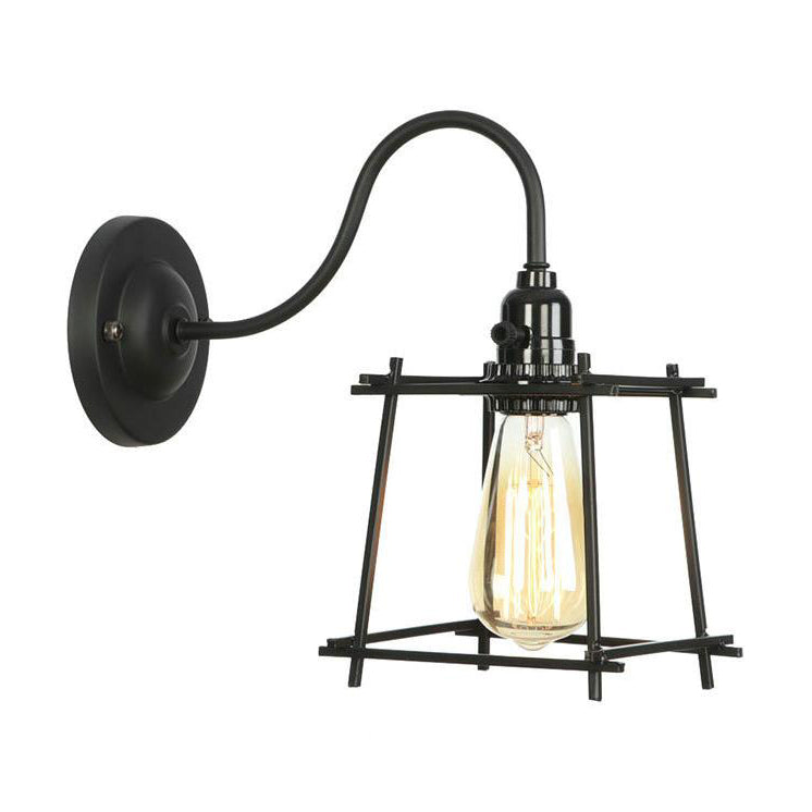 1 Head Iron Wall Lamp Retro Style Mystic Black Cubic Cage Shade Bedroom Sconce Light with Curved Arm Black Clearhalo 'Art deco wall lights' 'Cast Iron' 'Glass' 'Industrial wall lights' 'Industrial' 'Middle century wall lights' 'Modern' 'Rustic wall lights' 'Tiffany' 'Traditional wall lights' 'Wall Lamps & Sconces' 'Wall Lights' Lighting' 97246