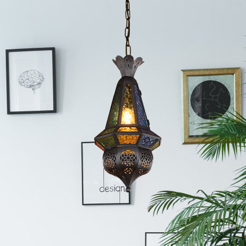 1 Light Pendant Light Fixture Decorative Restaurant Ceiling Lamp with Lantern Cut Glass Shade in Black/Bronze Clearhalo 'Ceiling Lights' 'Pendant Lights' 'Pendants' Lighting' 974329