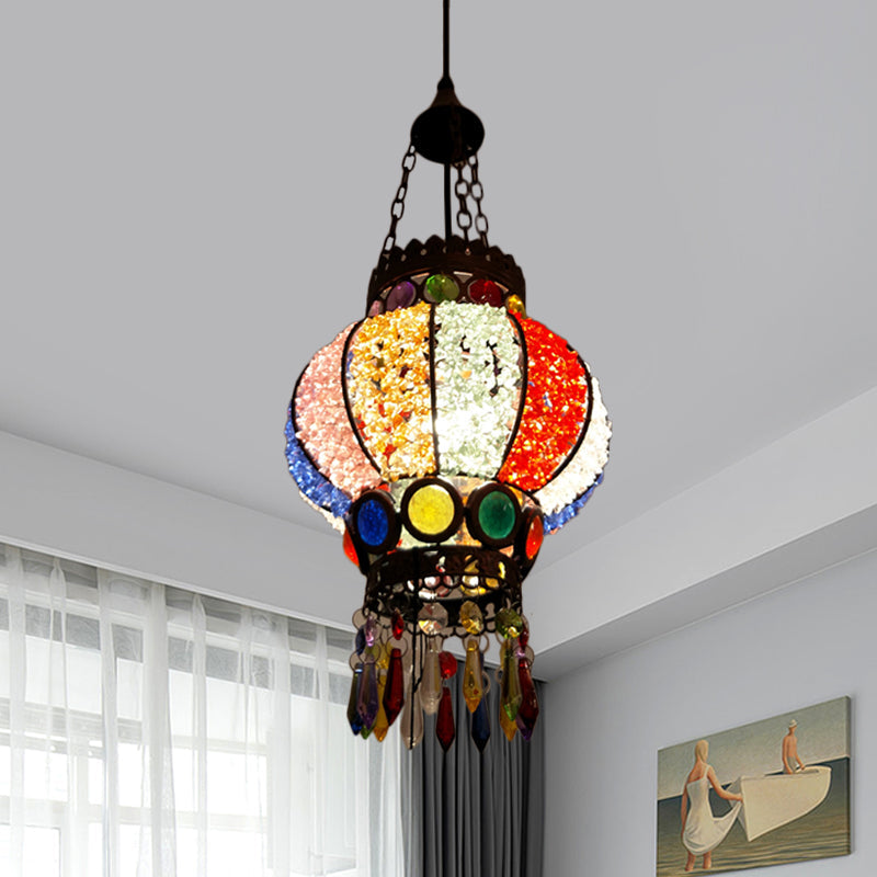 Black Spherical Ceiling Lamp Bohemian Metal Single Head Living Room Suspension Light with Crystal Draping Clearhalo 'Ceiling Lights' 'Pendant Lights' 'Pendants' Lighting' 974333