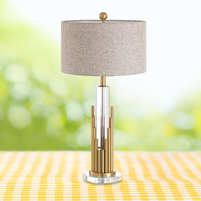 Round Shade Fabric Night Light Modernist 1 Head Flaxen Table Lamp with Gold Fluted Base Flaxen Clearhalo 'Lamps' 'Table Lamps' Lighting' 974348