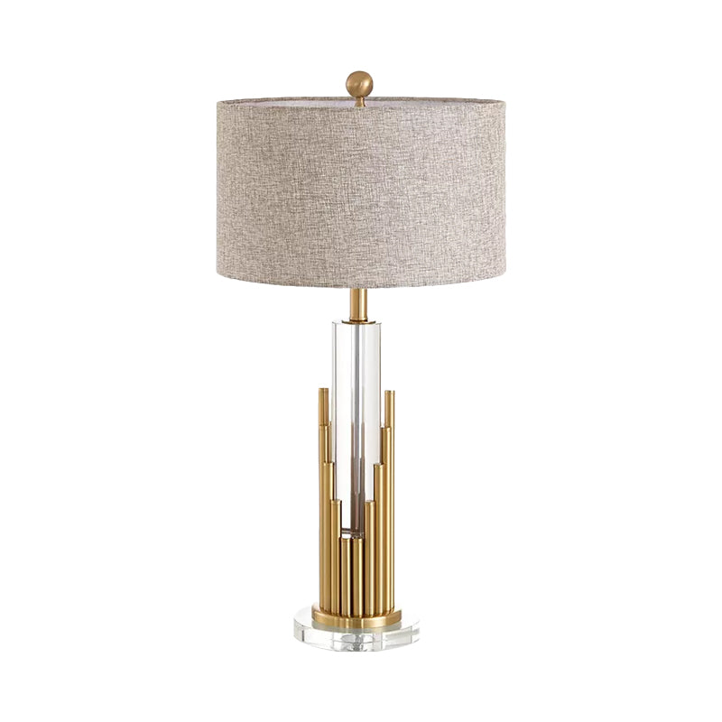Round Shade Fabric Night Light Modernist 1 Head Flaxen Table Lamp with Gold Fluted Base Clearhalo 'Lamps' 'Table Lamps' Lighting' 974351