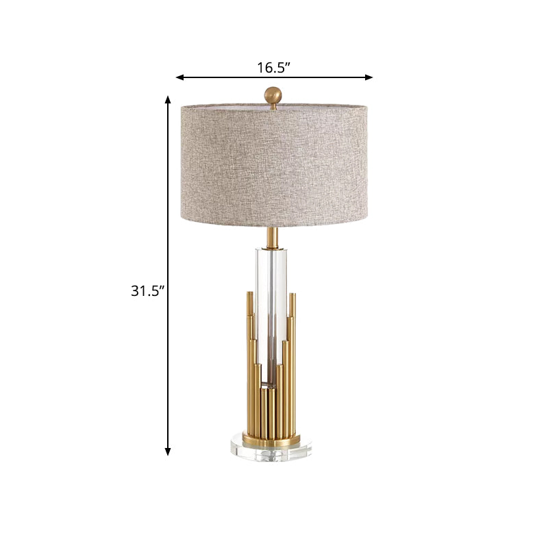 Round Shade Fabric Night Light Modernist 1 Head Flaxen Table Lamp with Gold Fluted Base Clearhalo 'Lamps' 'Table Lamps' Lighting' 974352