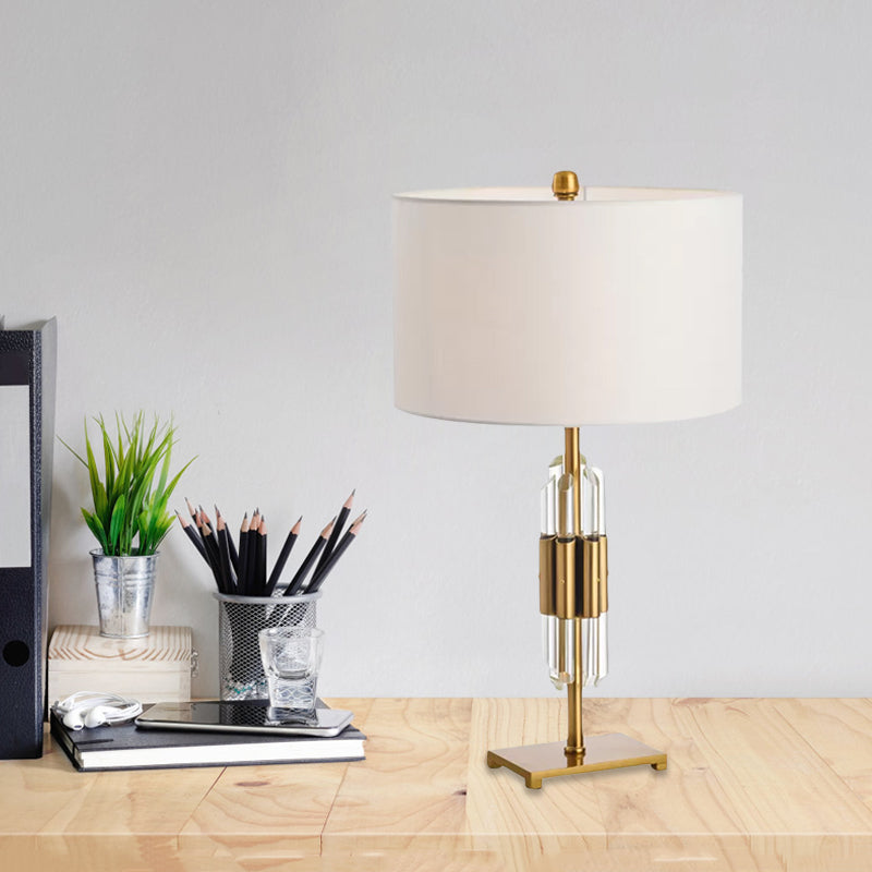 Crystal Rod Nightstand Light Postmodern Single White and Gold Table Lamp with Drum Fabric Shade Clearhalo 'Lamps' 'Table Lamps' Lighting' 974361