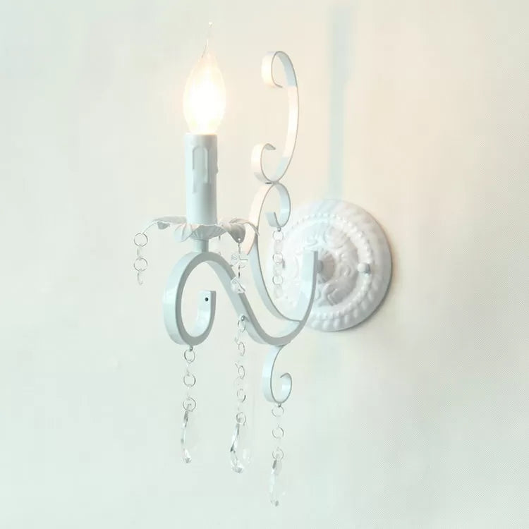 Metal Candle Sconce Light with Crystal Deco 1 Head Traditional Wall Lamp in White for Hallway Clearhalo 'Wall Lamps & Sconces' 'Wall Lights' Lighting' 97443