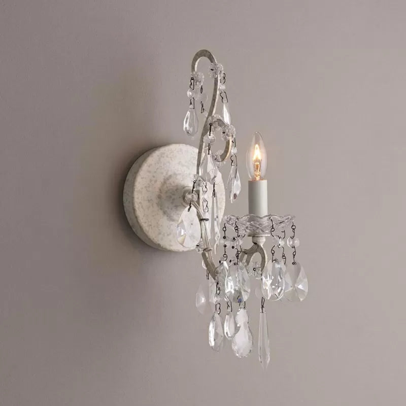 Metal Candle Wall Sconce Dining Room 1-Light Antique Style Sconce Light with Crystal in White Clearhalo 'Wall Lamps & Sconces' 'Wall Lights' Lighting' 97453