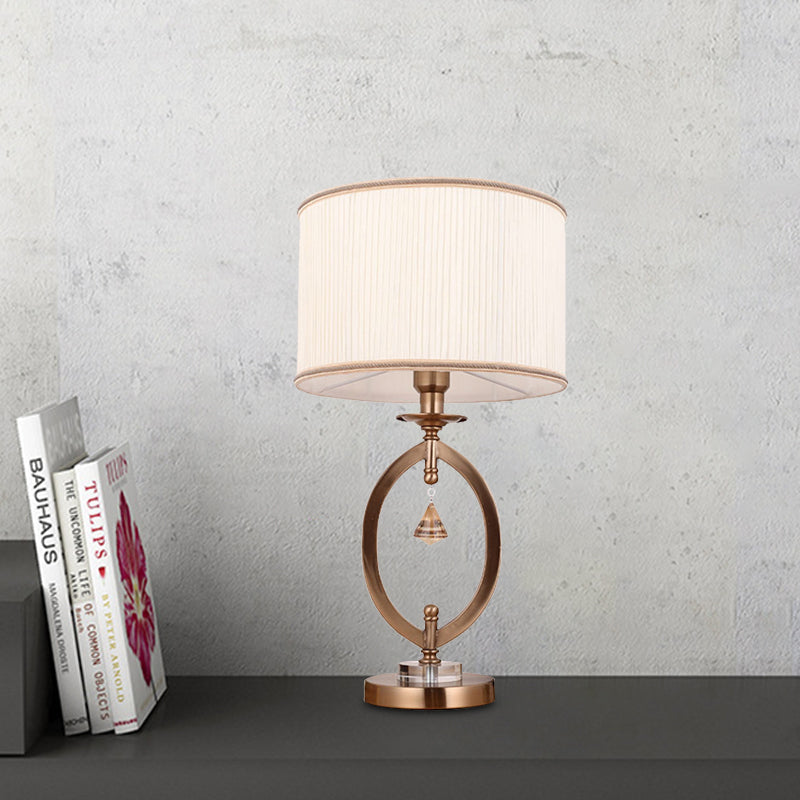 1 Light Bedroom Table Lighting Minimal White Finish Crystal Night Light with Drum Fabric Shade Brass Clearhalo 'Lamps' 'Table Lamps' Lighting' 976796
