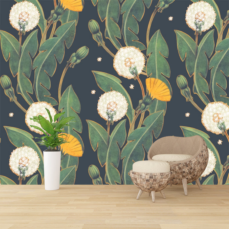 Minimalist Flower and Leaf Mural in Blue and Green Living Room Wall Covering, Custom-Printed Clearhalo 'Wall Decor' 'Wall Mural' 976825