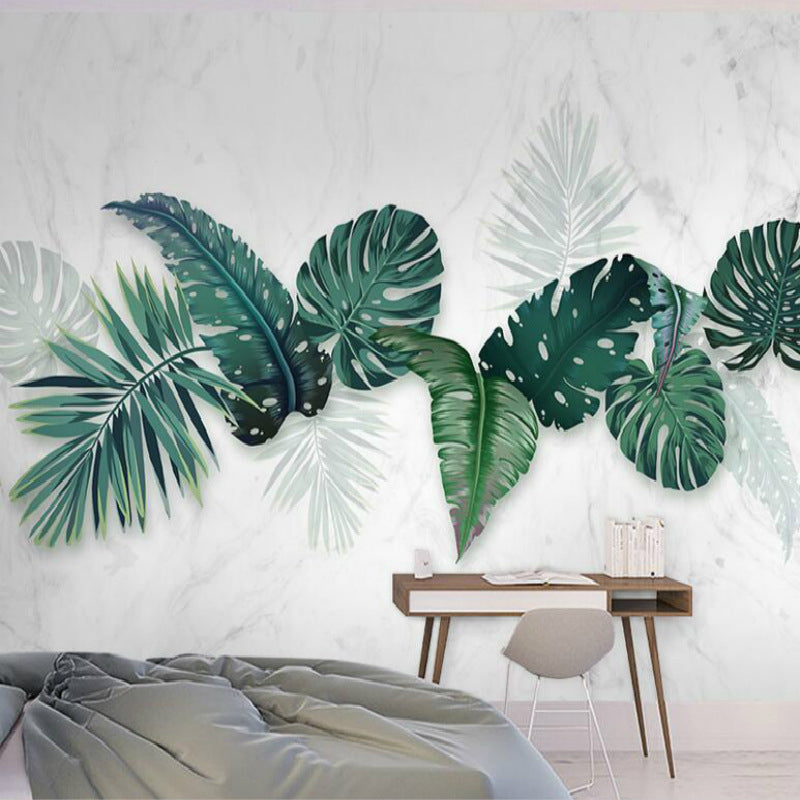 Tropical Banana Leaves Wallpaper Roll for Thai Restaurant, Green and White, Custom Size Available Green Clearhalo 'Wall Decor' 'Wall Mural' 976847