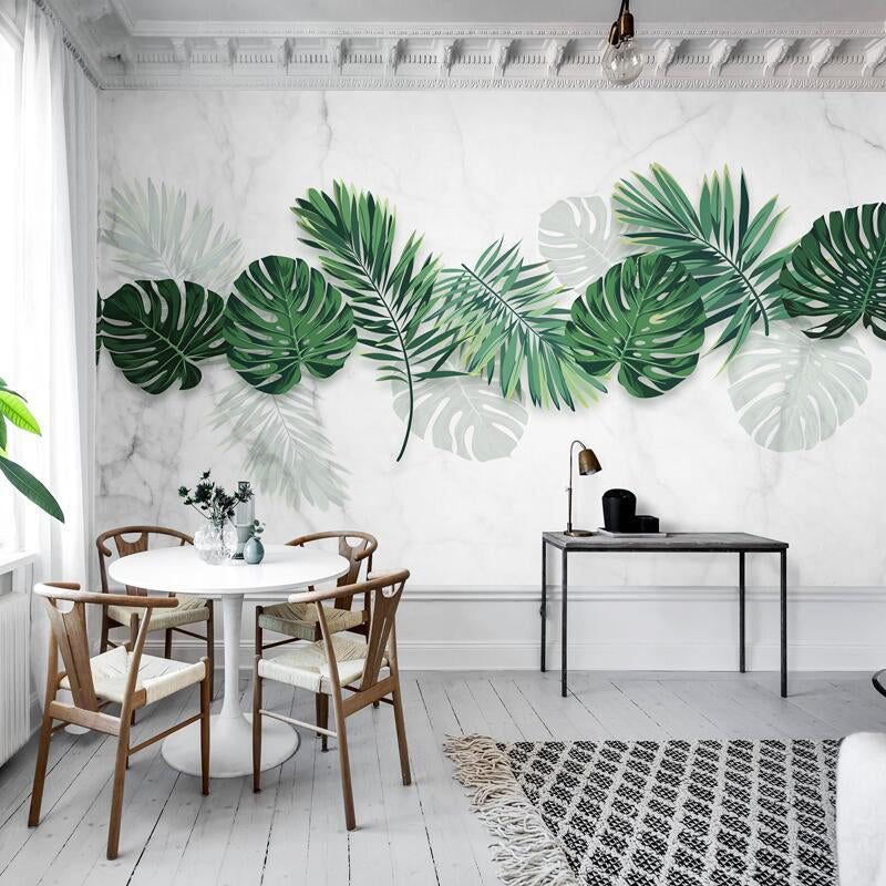 Tropical Banana Leaves Wallpaper Roll for Thai Restaurant, Green and White, Custom Size Available Clearhalo 'Wall Decor' 'Wall Mural' 976849