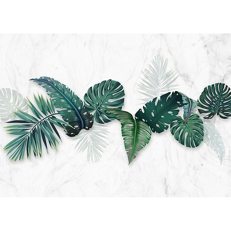 Tropical Banana Leaves Wallpaper Roll for Thai Restaurant, Green and White, Custom Size Available Clearhalo 'Wall Decor' 'Wall Mural' 976850