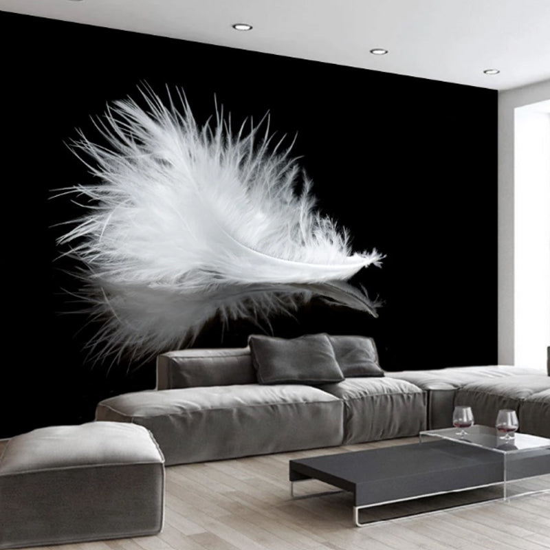 Extra Large Feather Wall Mural Guest Room Wall Covering in Black and White, Stain Resistant Clearhalo 'Wall Decor' 'Wall Mural' 976879