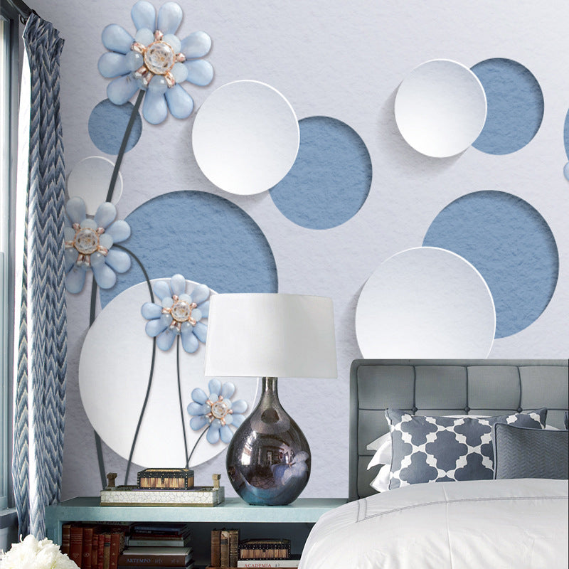 Novelty 3D Round Mural Wallpaper for Bedroom Decoration, Blue and White, Personalized Size Available White-Blue Clearhalo 'Wall Decor' 'Wall Mural' 976924