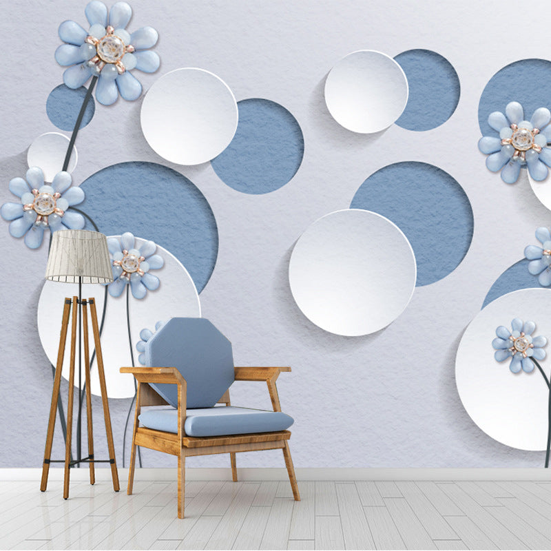 Novelty 3D Round Mural Wallpaper for Bedroom Decoration, Blue and White, Personalized Size Available Clearhalo 'Wall Decor' 'Wall Mural' 976925