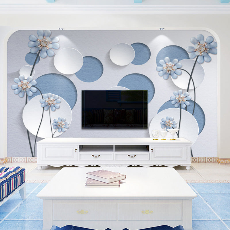 Novelty 3D Round Mural Wallpaper for Bedroom Decoration, Blue and White, Personalized Size Available Clearhalo 'Wall Decor' 'Wall Mural' 976926